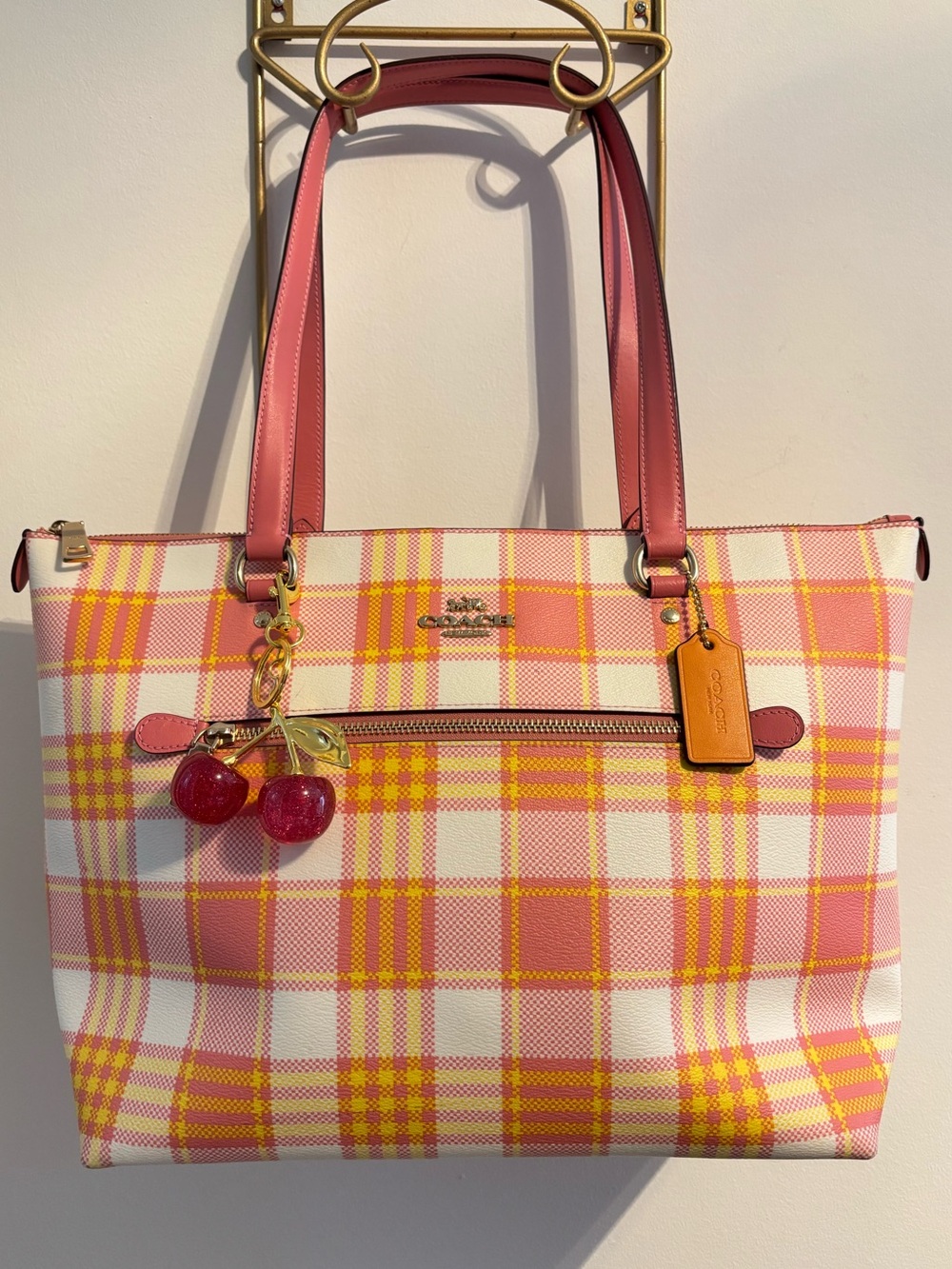 Coach Gallery Tote Pink Plaid Canvas Leather Trim Shoulder Bag w/ Cherry Charm